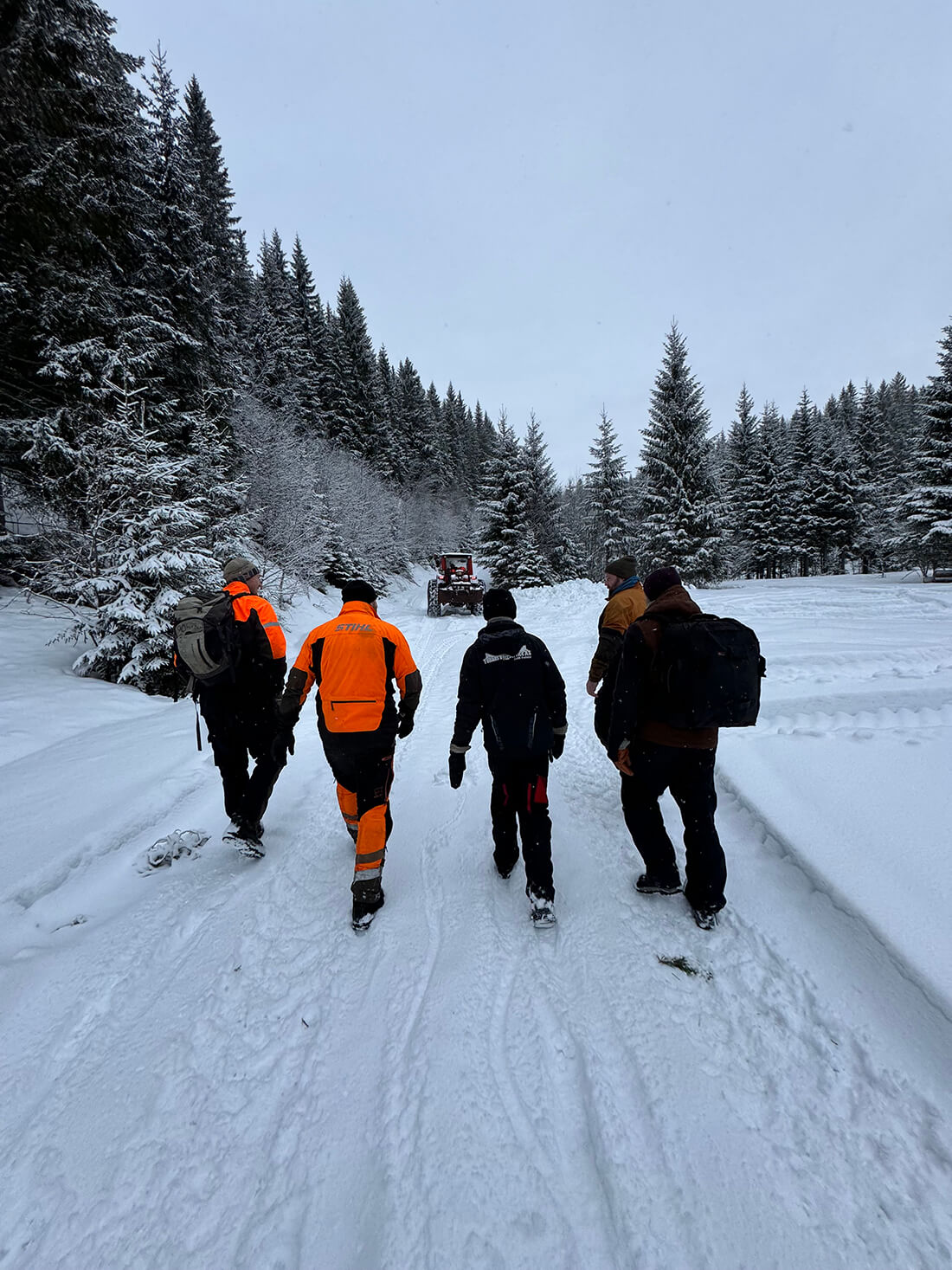 En gruppe arbeidere på vei til et skogholt i Trøndelag for å felle trær til restaurering av vannhjulet ved Teknisk museum